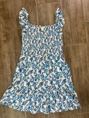 Lilly Pulitzer Dress with Blue Leaf Print and Ruffle Straps